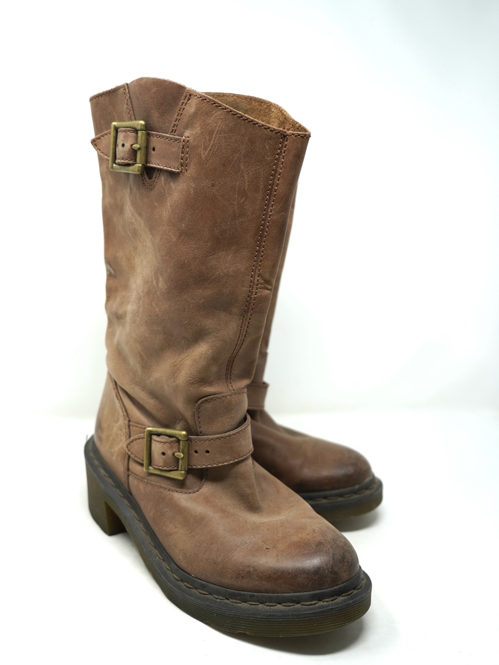 Dr Martens Rowena Tan Leather Mid-Calf Pull On Biker Boots - Size US 7 EU 38